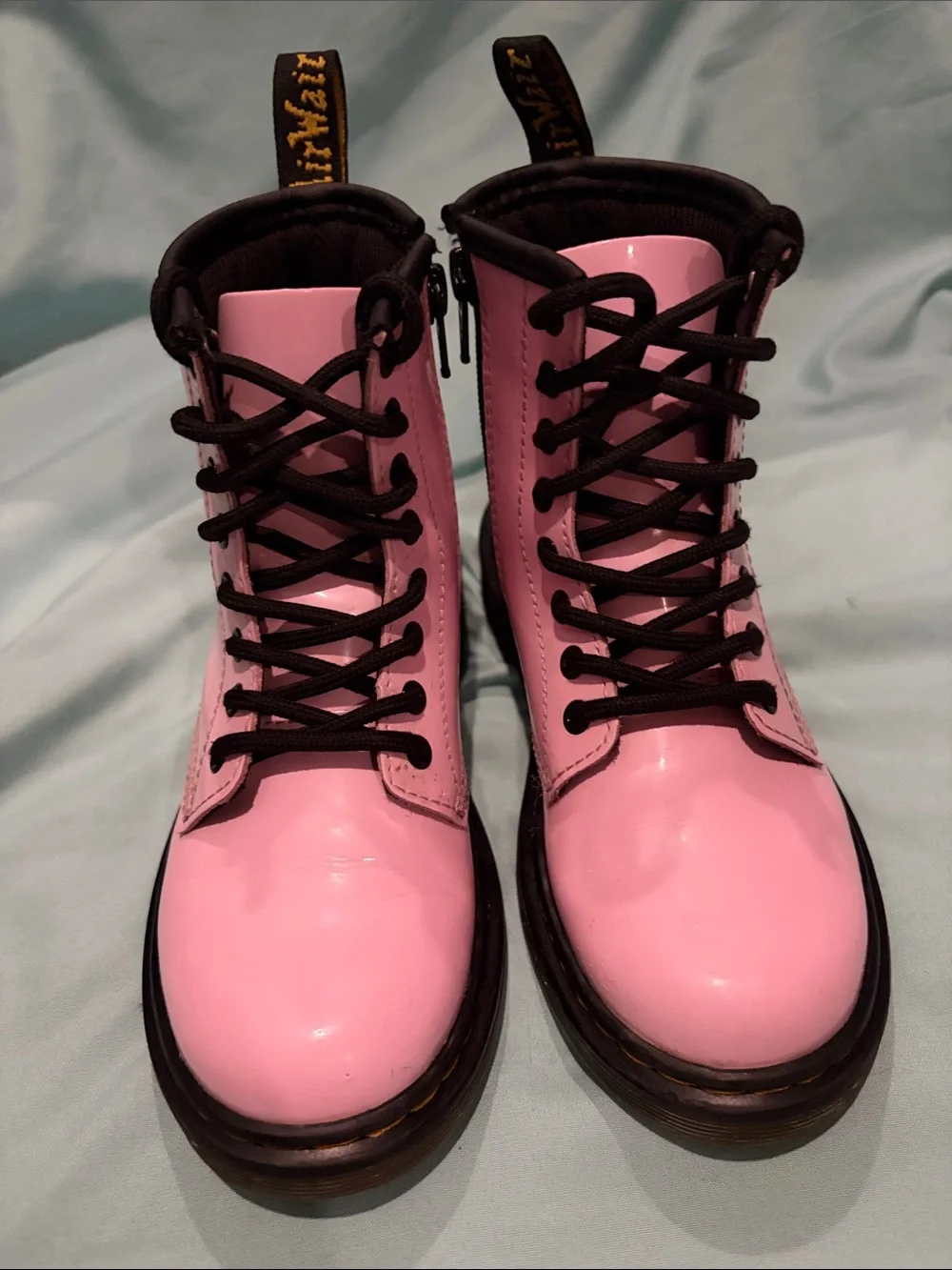 Dr. Martens Pink Patent Lace-Up Boots with Black Trim kids 13